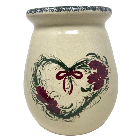 Casey Pottery Burgundy Floral Heart Design Utensil Holder Vintage Hand Made 90s - Picture 1 of 5